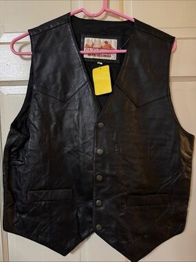 Classic Black Leather Vest — Men's Button Front